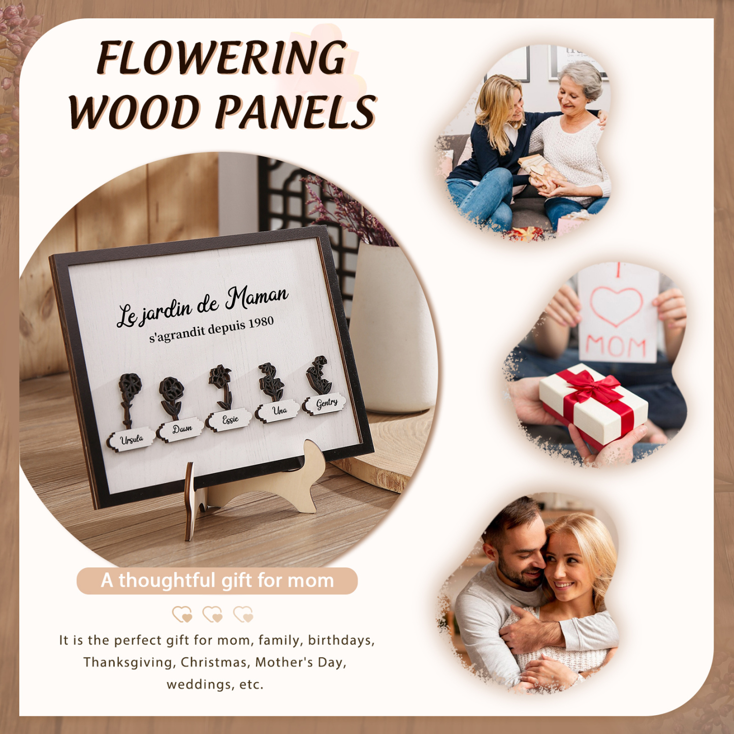 À ma Maman - Décoration en bois Fleurs 5 Prénoms Personnalisés avec Fleurs de naissance Ornement pour Famille