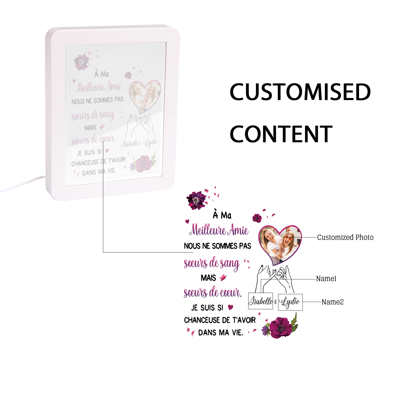 À ma Meilleure Amie - Cadre Photo/Miroir LED multifonctionnel 2 Prénoms Personnalisés avec 1 Photo