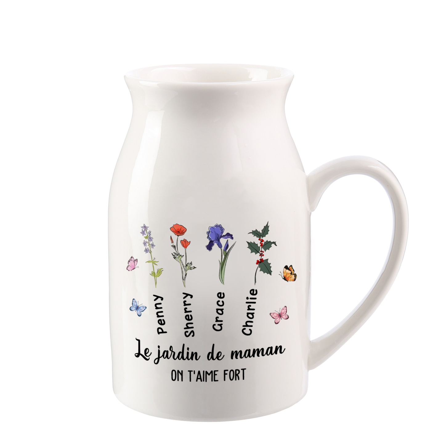 Vase à Fleurs Papillon 4 Prénoms et Fleurs de Naissance Personnalisés avec 2 Textes Décoration de la Maison