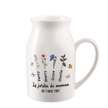 Vase à Fleurs Papillon 4 Prénoms et Fleurs de Naissance Personnalisés avec 2 Textes Décoration de la Maison