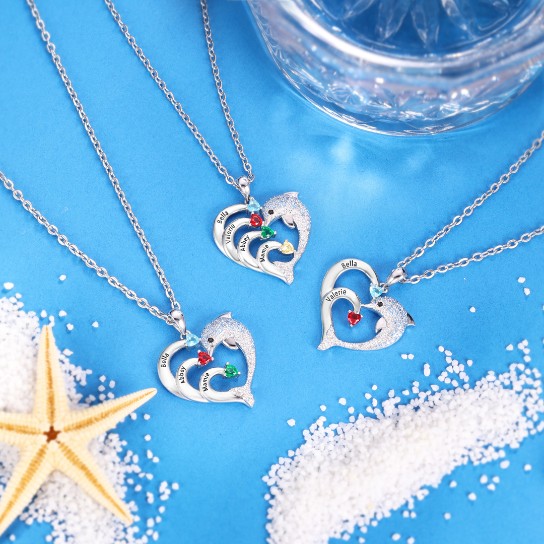 Collier coeur et dauphin 2 Prénoms Personnalisés avec 2 Pierre de Naissance