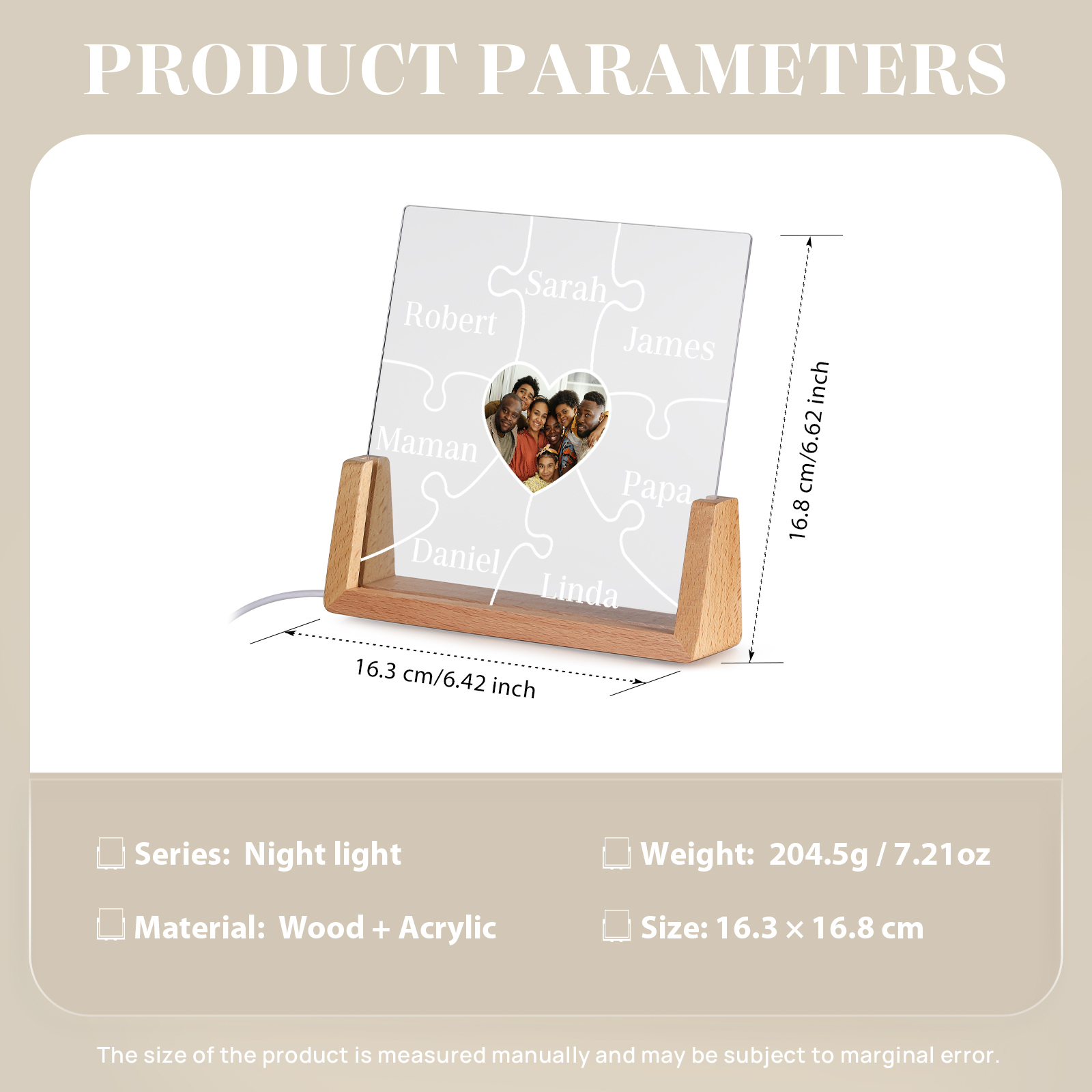 Lampe de chevet LED Puzzles 7 Prénoms Personnalisés avec Photo pour Famille