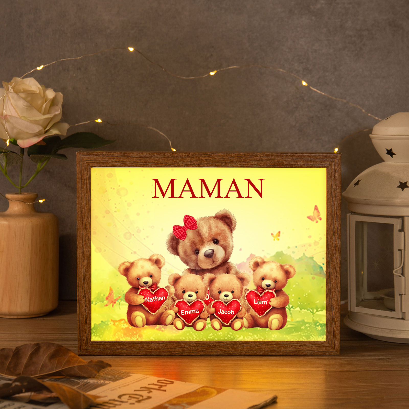 Cadre Photo LED Ours 4 Prénoms Personnalisés avec 1 Texte Décoration Famille