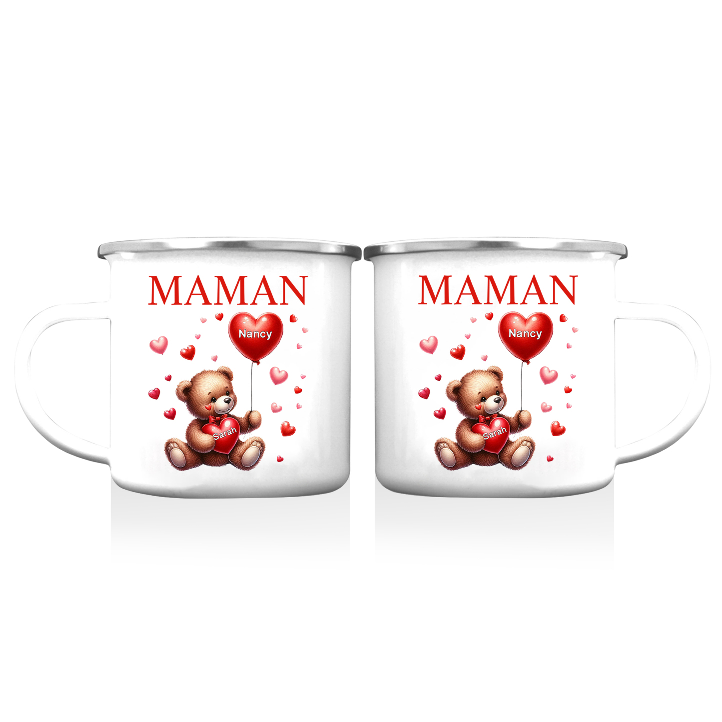 À Maman/Mamie - Tasse émaillée Ours 2 Prénoms Personnalisés