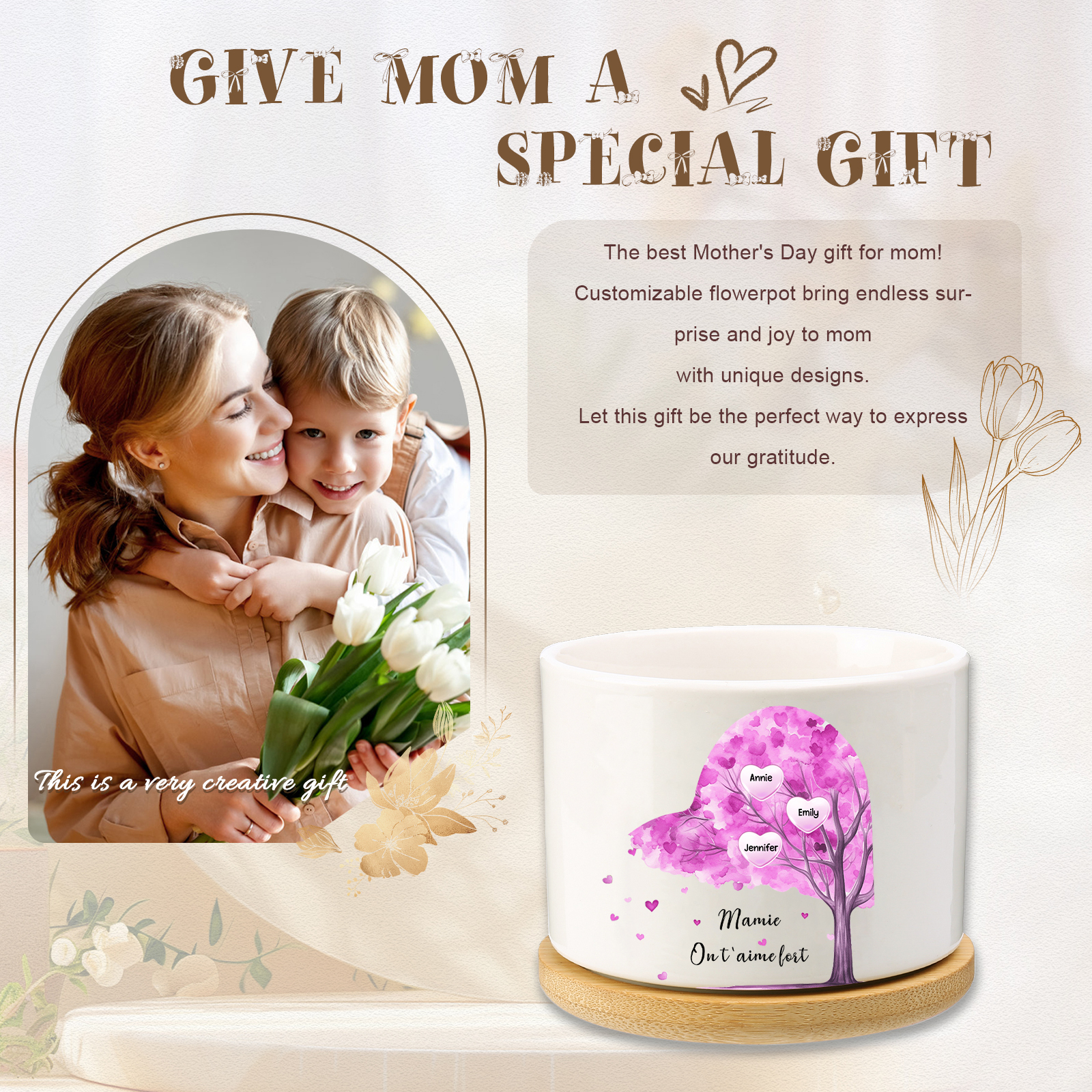 Vase/Pot de Fleurs Arbre 3 Prénoms et 1 Texte Personnalisés Décoration de la Maison (sans plantes)