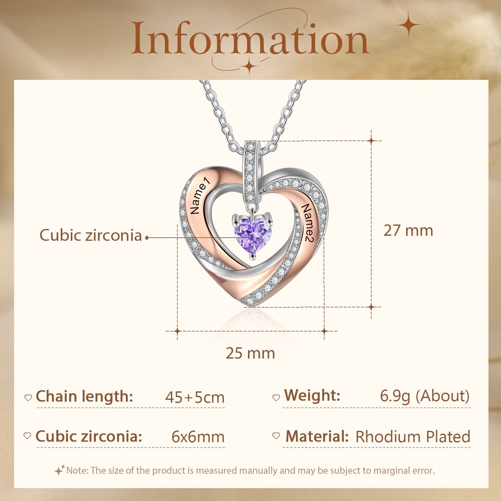 Collier 2 Prénoms Personnalisé Pendentif avec 1 Pierre de Naissance Cœur