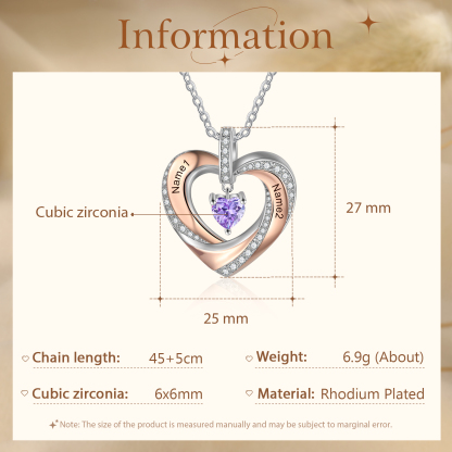 Collier 2 Prénoms Personnalisé Pendentif avec 1 Pierre de Naissance Cœur