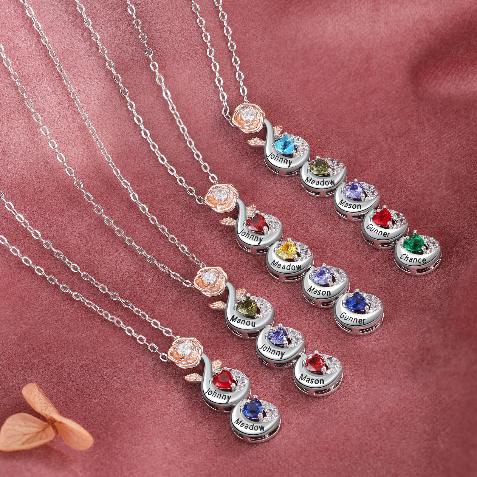 Collier de rose 3 Prénoms Personnalisé avec 3 pierres de naissance