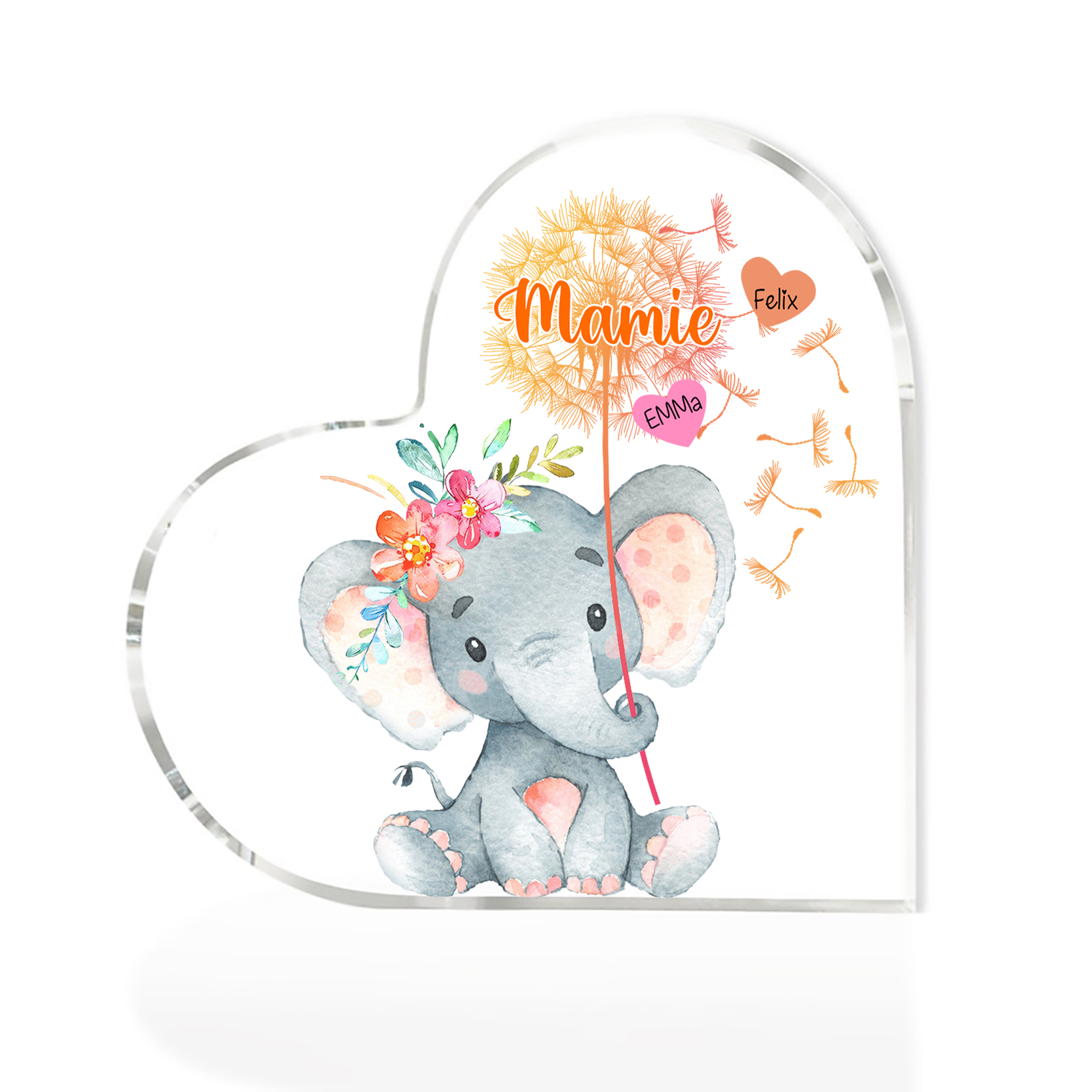 À ma Mamie - Plaque Acrylique Éléphant en Forme de Cœur 2 Prénoms Personnalisés