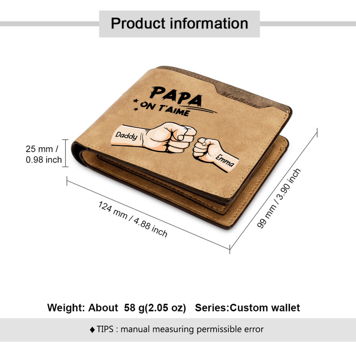 À mon Papa-Portefeuille Poings 2 Prénoms Personnalisés Classique Homme