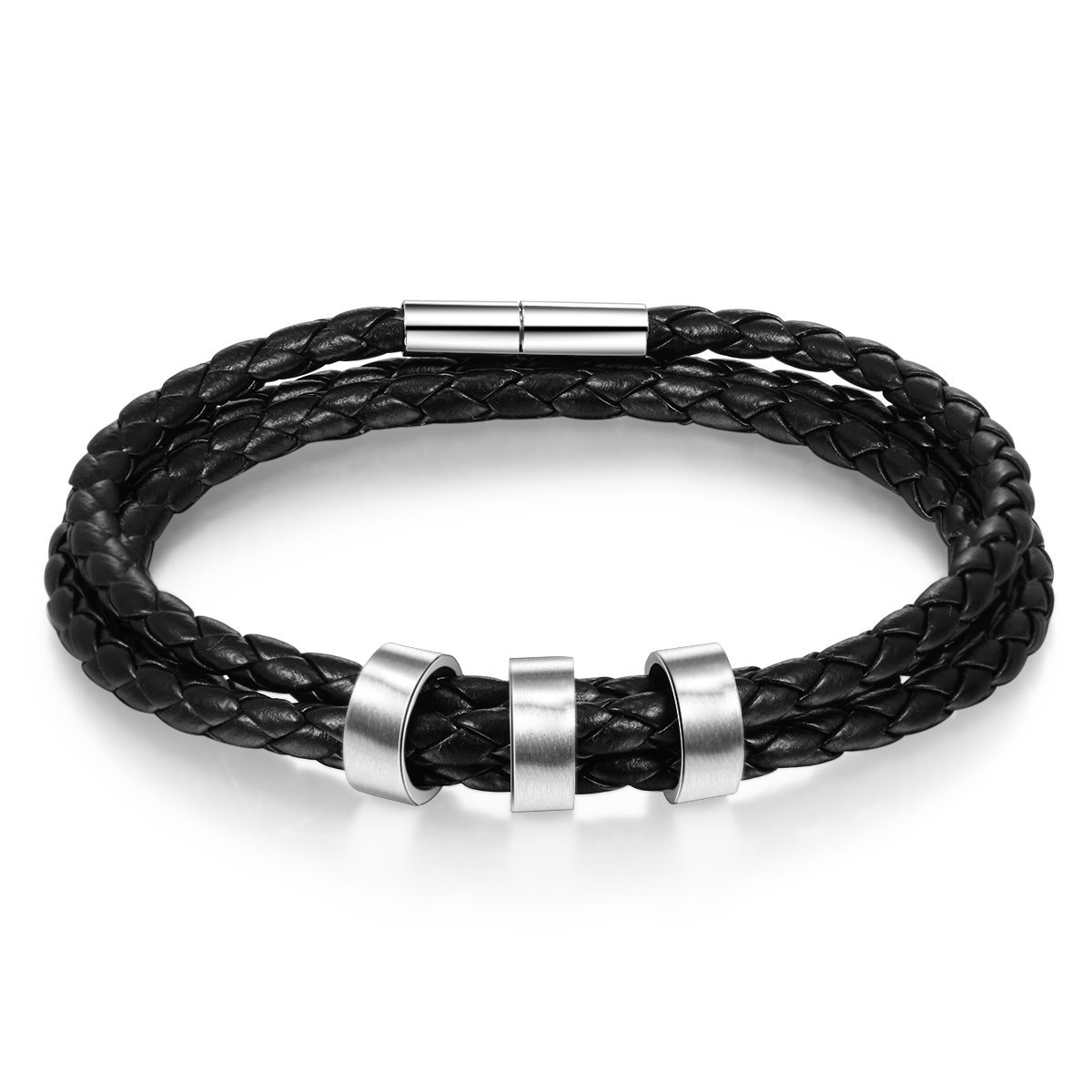 Bracelet Cuir tressé Prénom Personnalisé Cadeau papa Avec 3 Perles