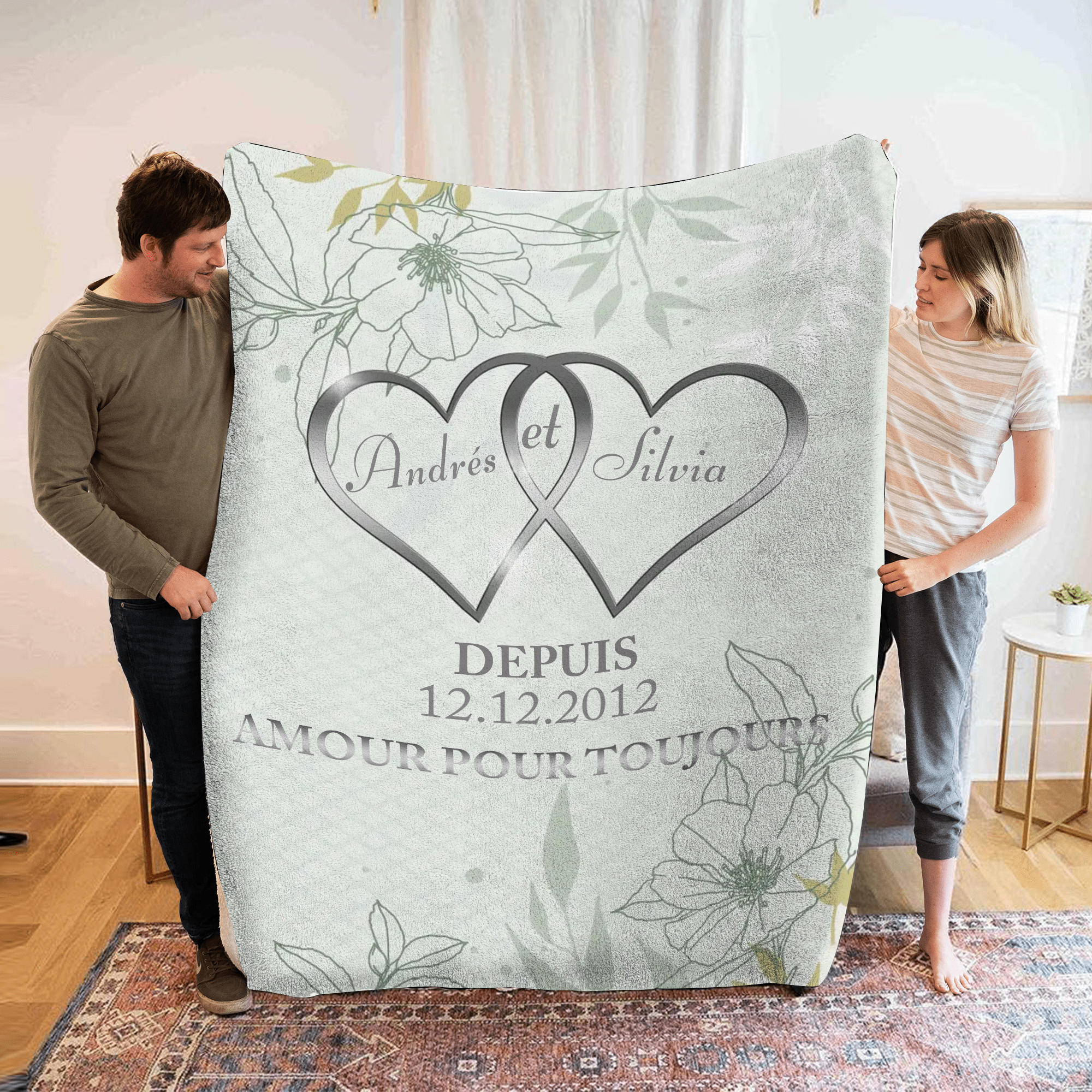 Plaid personnalisé avec prénoms et date – Cadeau unique et touchant pour vos proches | Jessemade