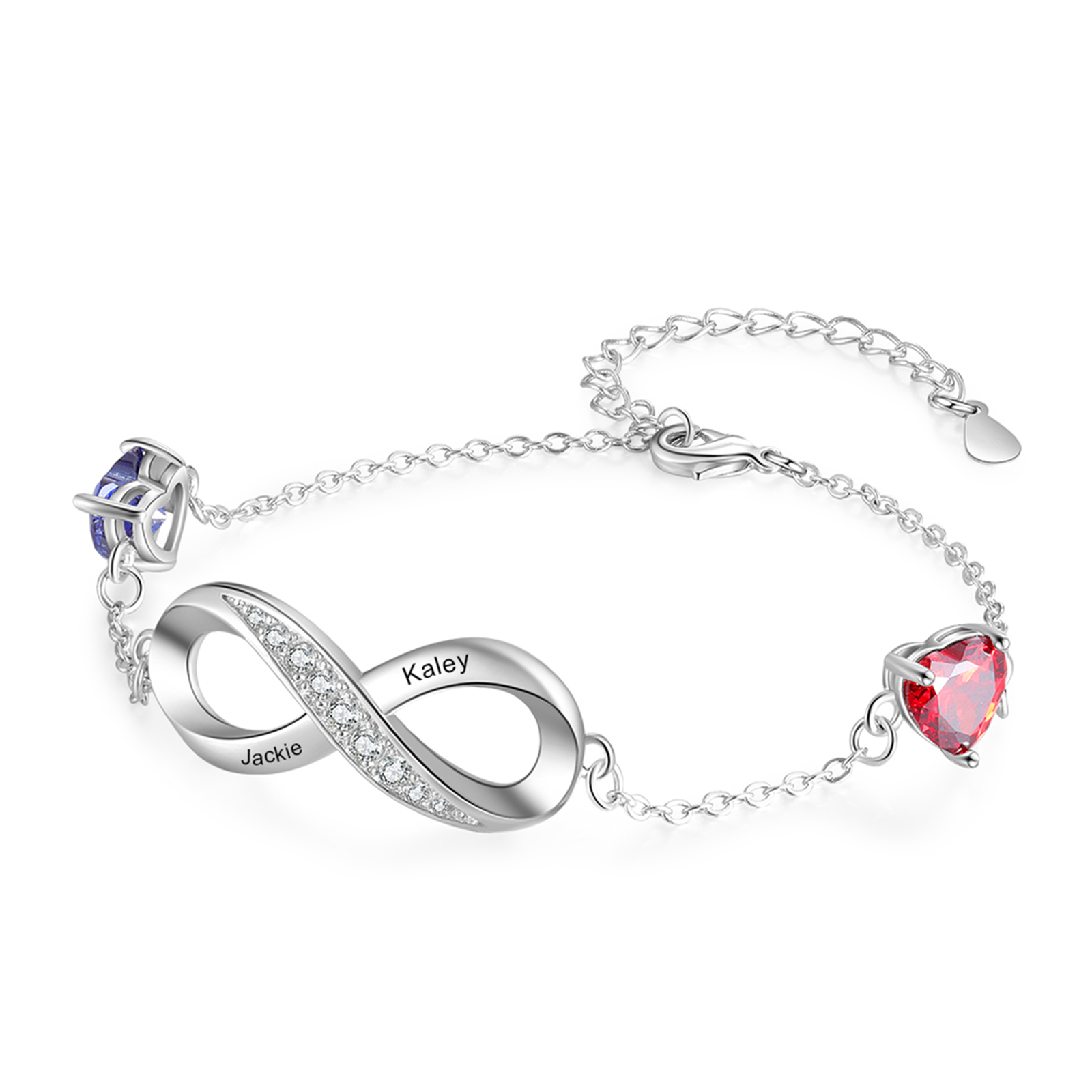 Bracelet Infini Personnalisé 1-2 Prénoms et 1-2 Pierres Cœur