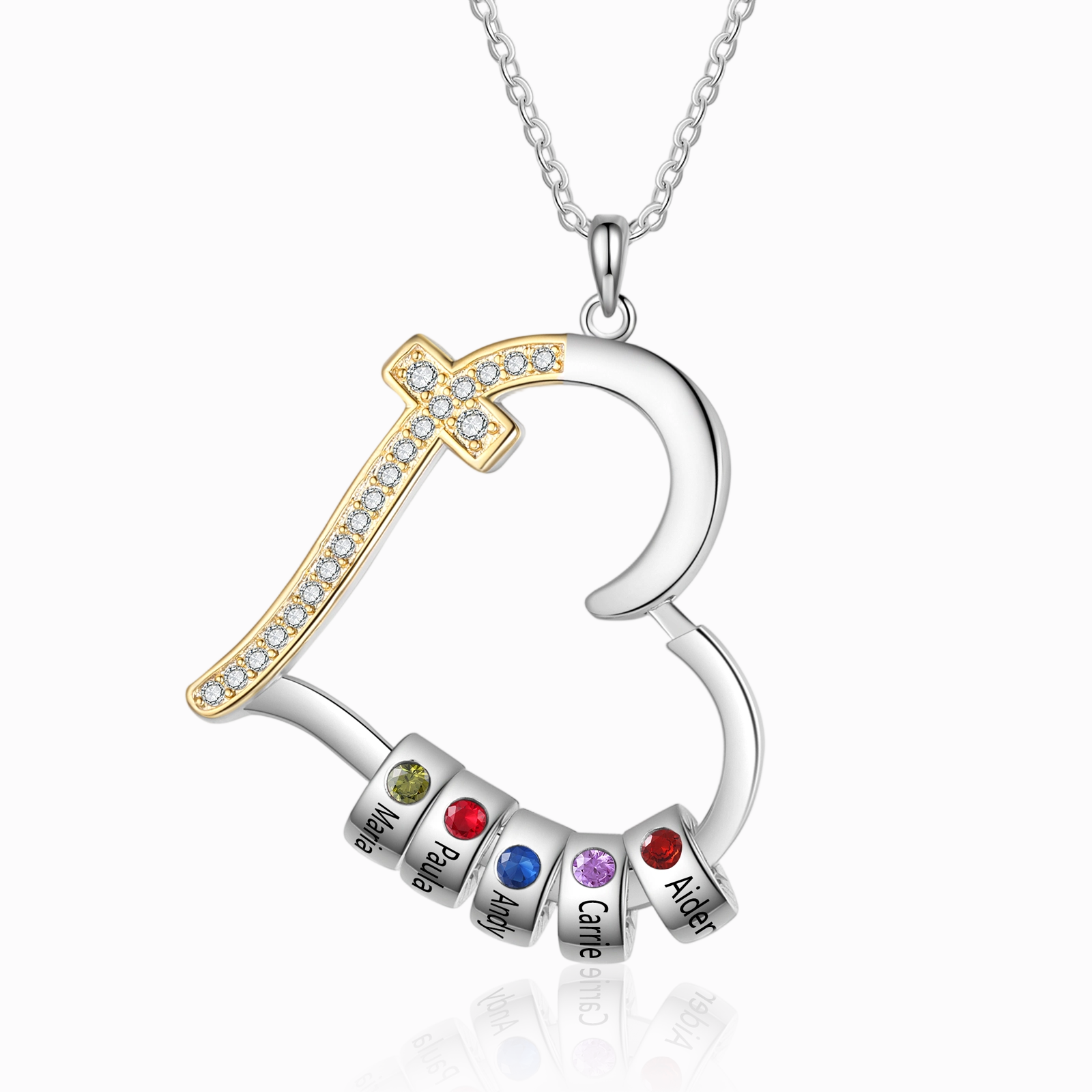 Collier Cœur 2-5 Prénoms Personnalisés avec 2-5 Pierres de naissance | Jessemade