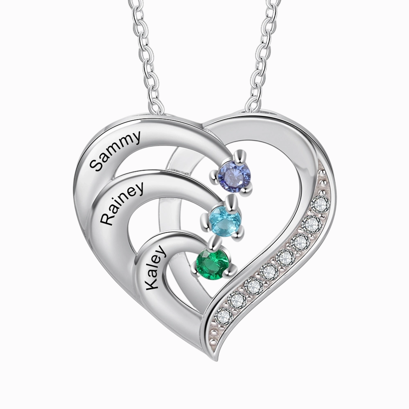 Collier Cœur Argent 925 2-4 Prénoms Personnalisés avec Pierre de naissance pierre de naissance | Jessemade