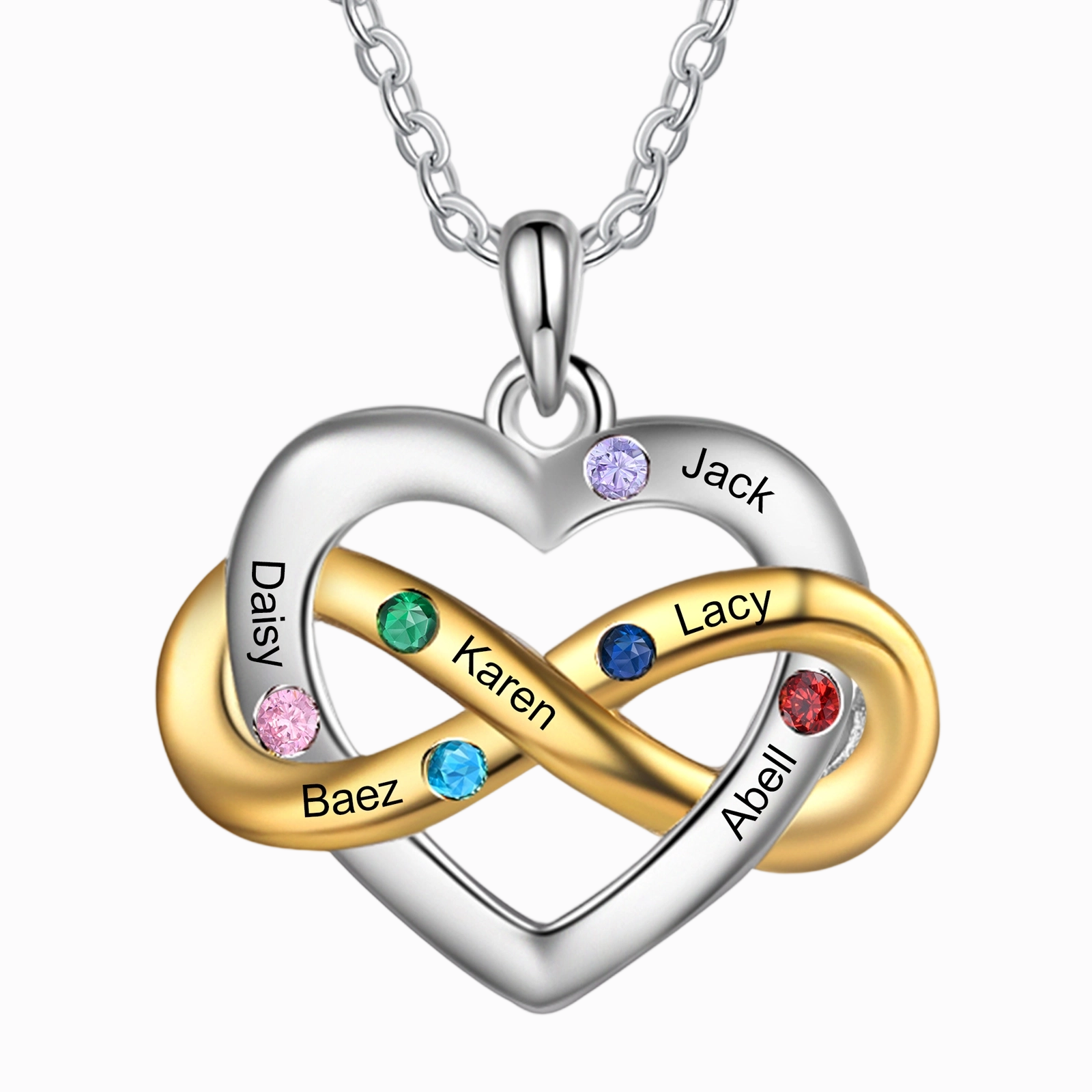 Collier Cœur infini 2-6 Prénoms Personnalisés avec pierres de naissance Collier Personnalisé Femme Cadeau pour femme | Jessemade