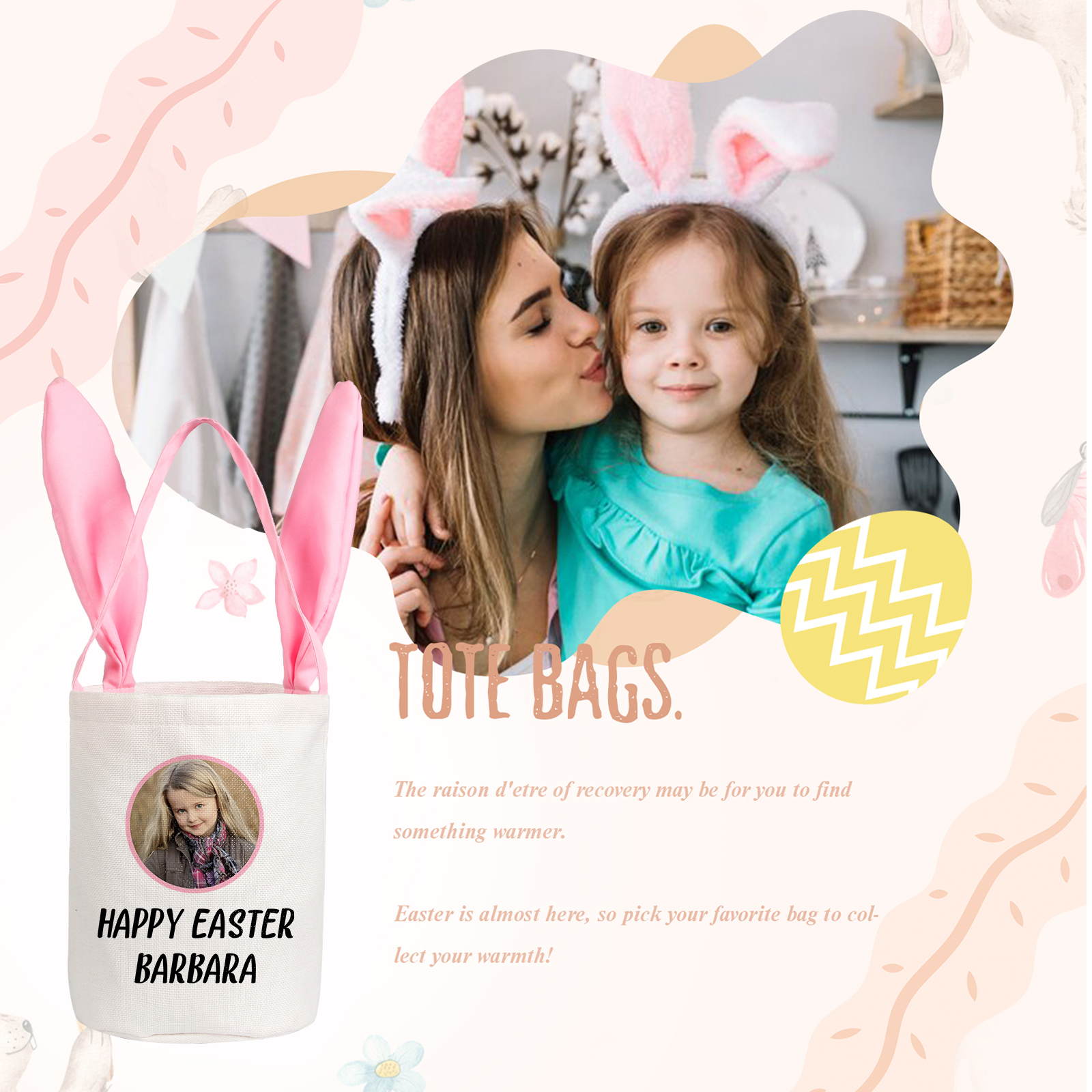 Sac de Pâques Lapin 1 Prénom et Photo Personnalisés avec Texte Tote Bag Enfant