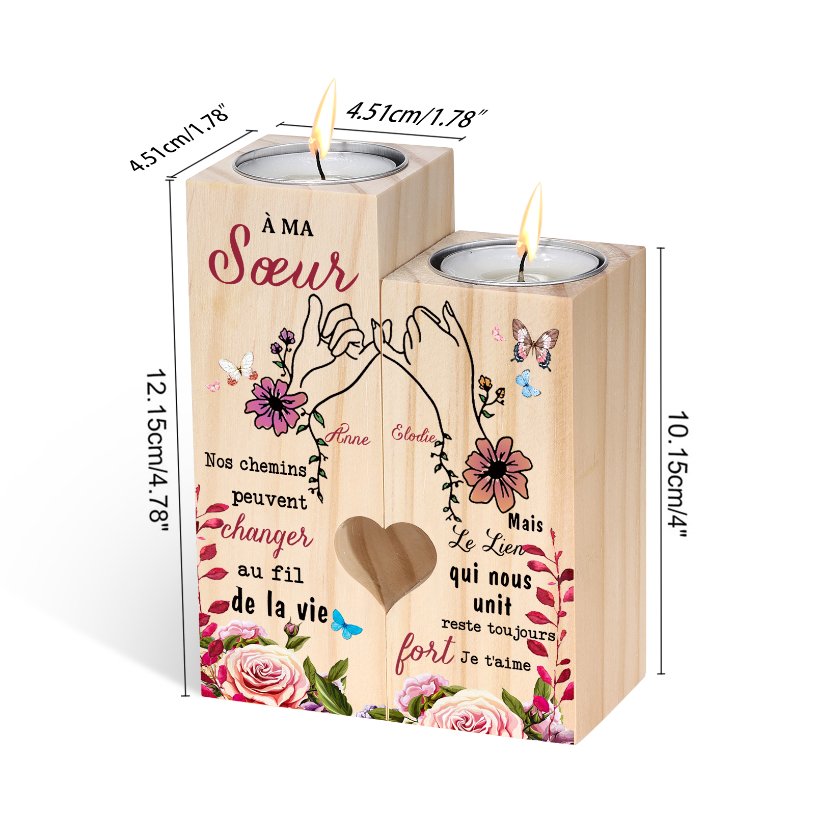 À Ma Sœur - Bougeoir en Bois 2 Prénoms Personnalisés sans bougie