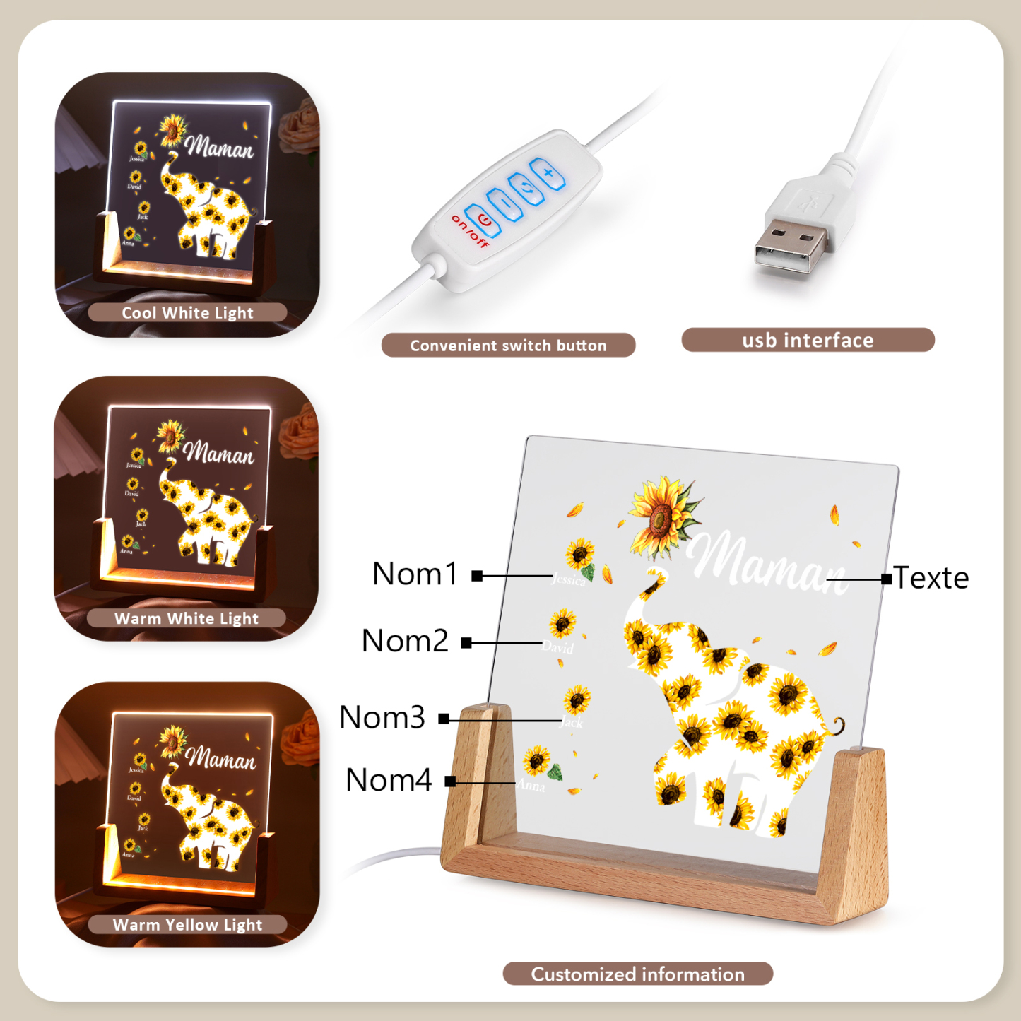À Maman/Mamie - Lampe de chevet LED Éléphants 4 Prénoms Personnalisés avec Texte