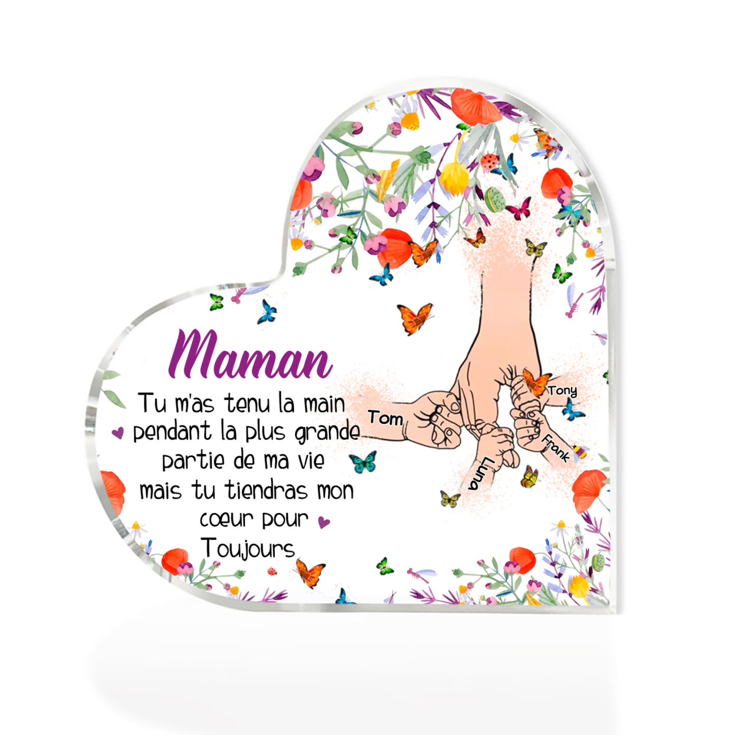 À ma Maman - Plaque Acrylique en Forme de Cœur 4 Prénoms Personnalisés la Mian dans la Main