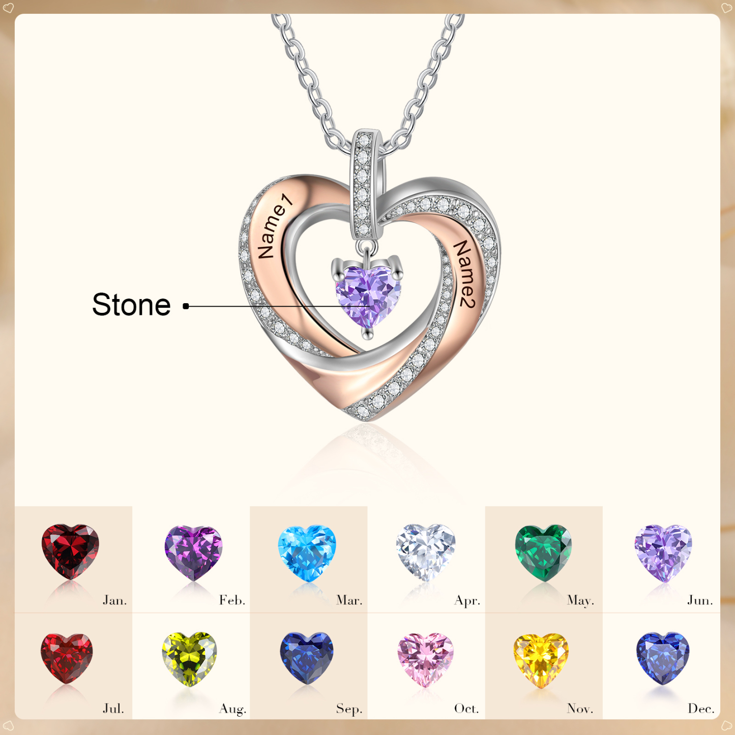 Collier 2 Prénoms Personnalisé Pendentif avec 1 Pierre de Naissance Cœur