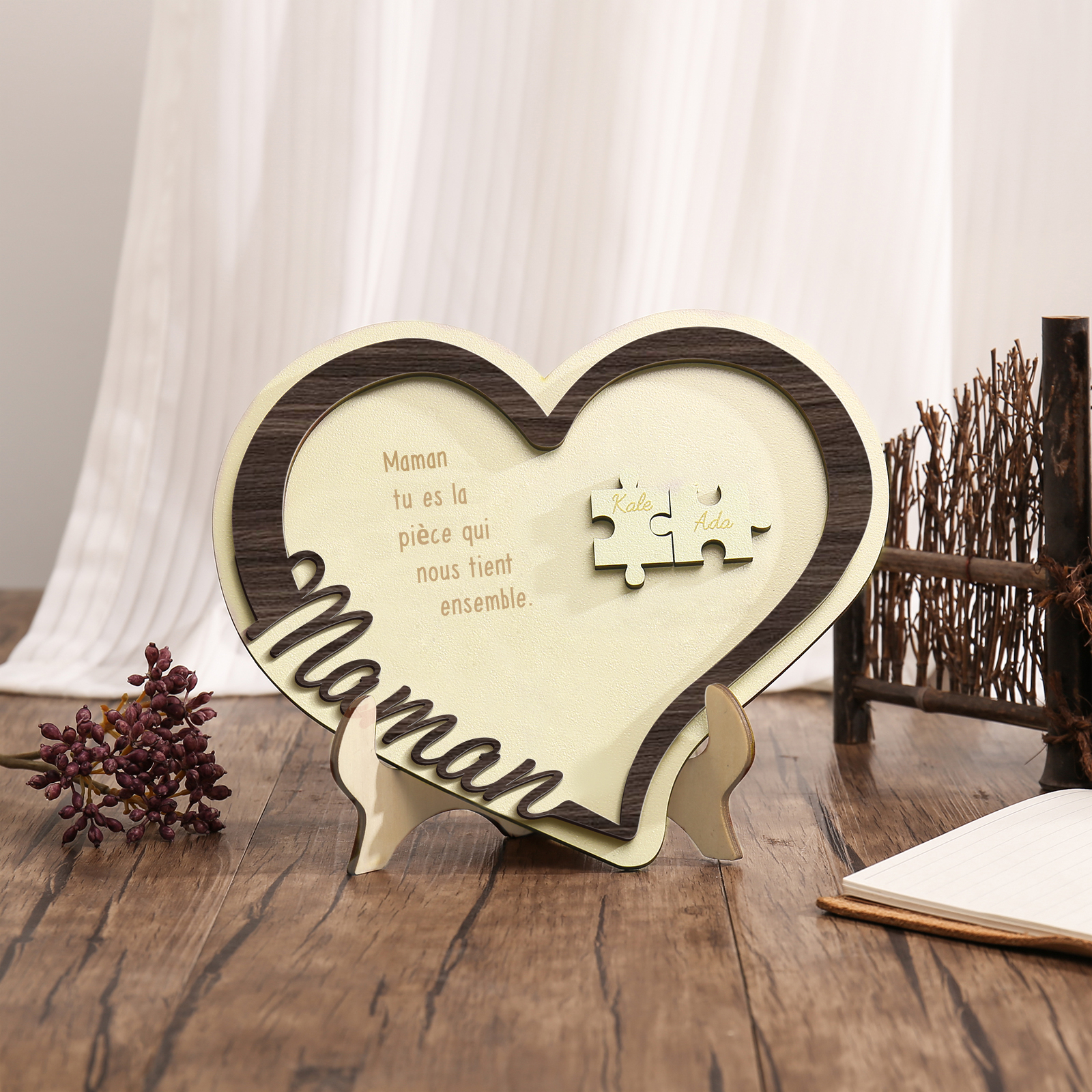 À ma Maman - Décoration en bois Cœur Puzzle 2 Prénoms Personnalisés Ornement pour Famille