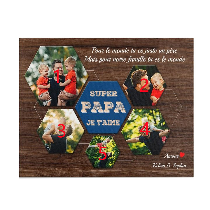 SUPER PAPA - Cadre en bois personnalisé texte avec 5 photo