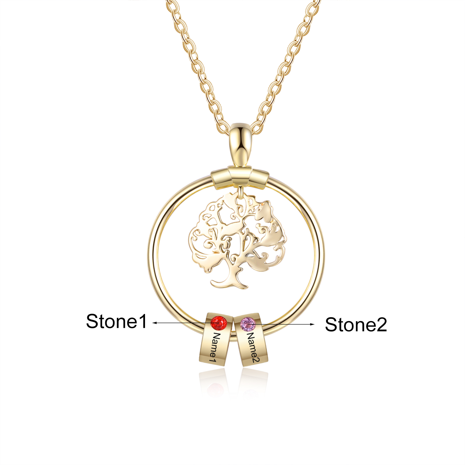 Collier Pendentif Arbre de vie Arbre généalogique 2 Prénoms Personnalisés avec Pierre de Naissance