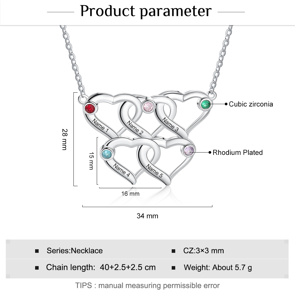 Collier Coeur 5 Prénoms Personnalisés Pendentif avec 5 Pierre de Naissance｜Jessemade