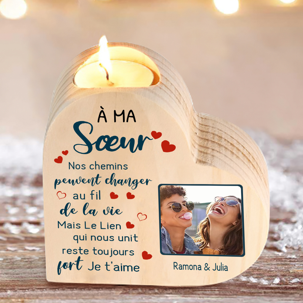 À Ma Sœur - Bougeoir en Bois 2 Prénoms Personnalisés avec Photo sans bougie