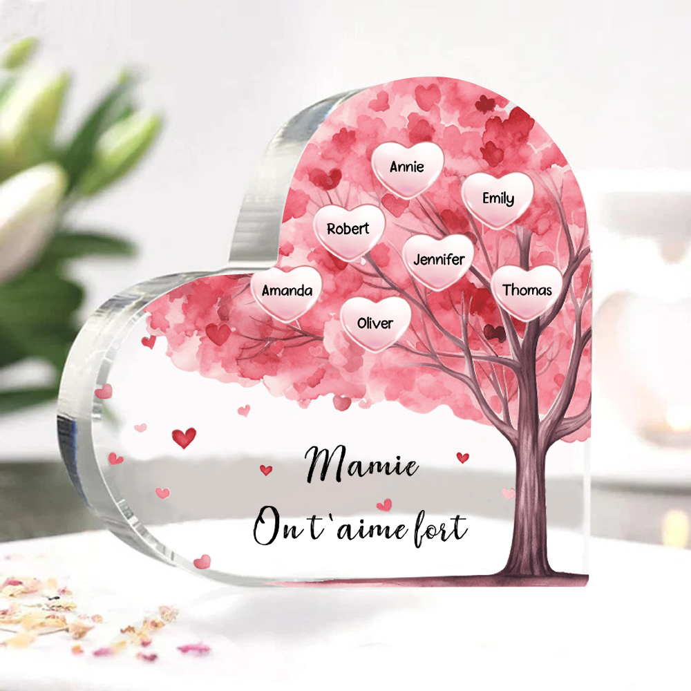 À ma Maman/Mamie - Plaque Acrylique Arbre en Forme de Cœur 7 Prénoms Personnalisés avec 1 Texte