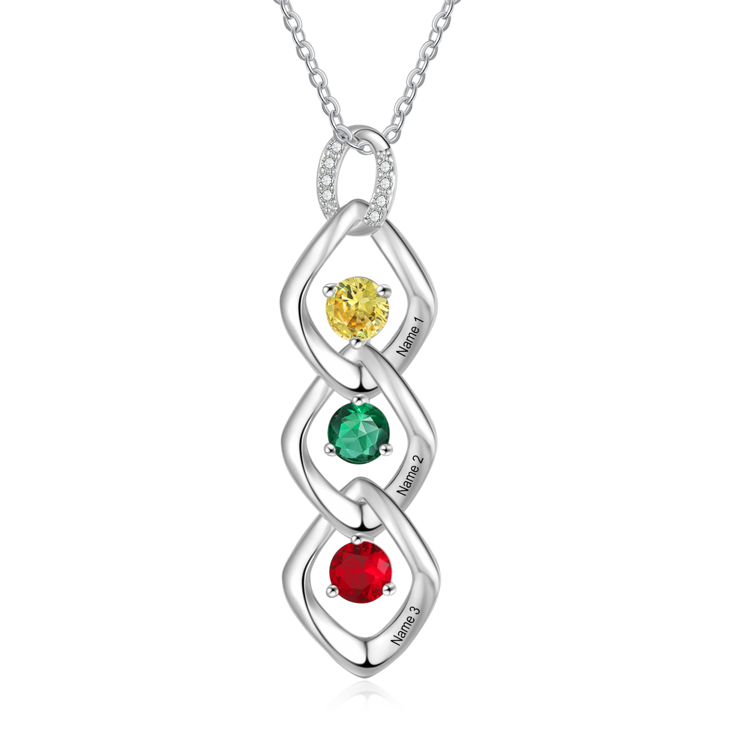 Collier Pendentif 3 Prénoms Personnalisés avec Pierre de naissance pour Femmes