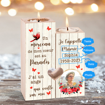 Bougeoir en Bois Commémoratif 1 Prénom et Photo Personnalisé avec Texte et Date sans bougie