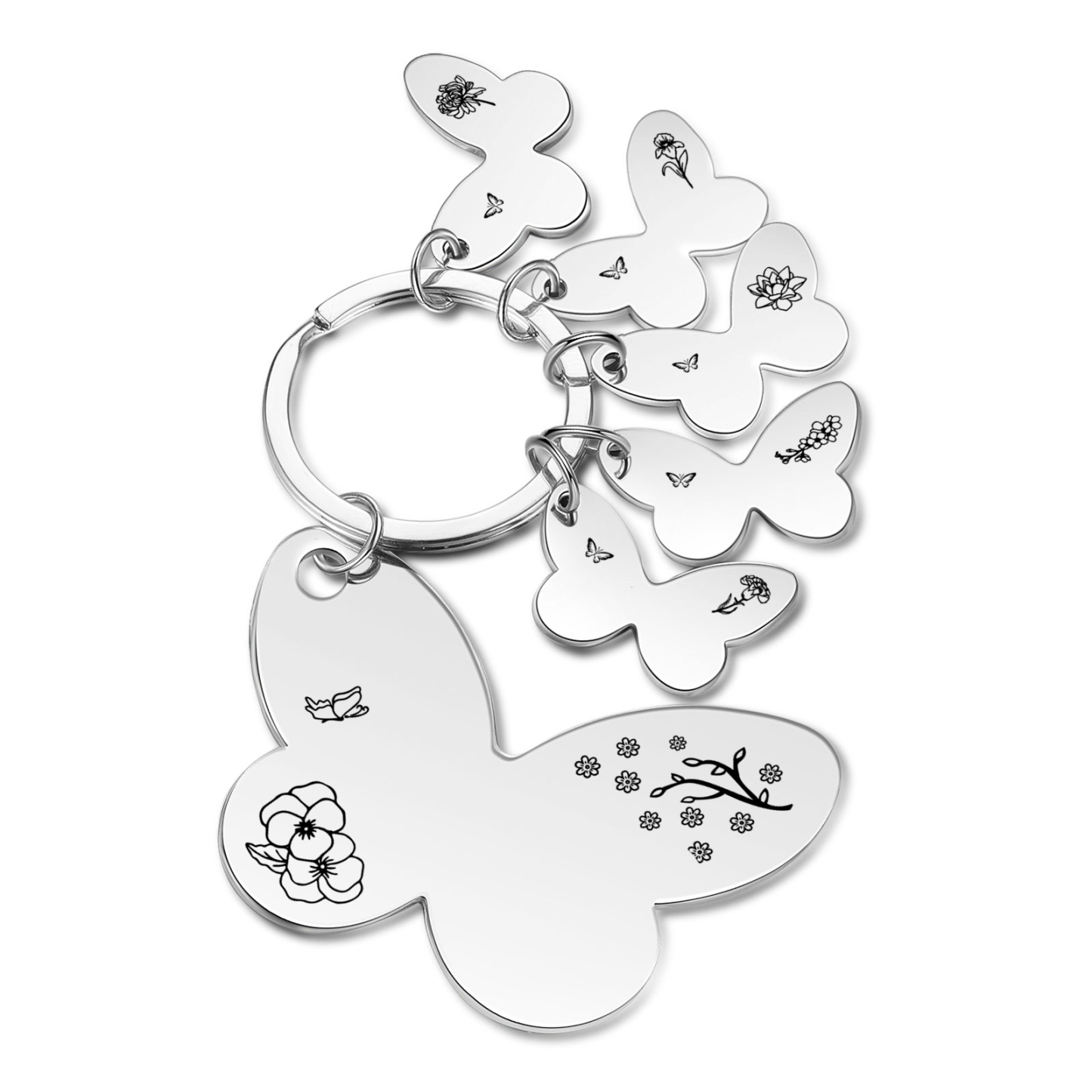 À Maman/Mamie - Porte-Clés Papillon 5 Prénoms et Fleurs de Naissance Personnalisés avec Texte