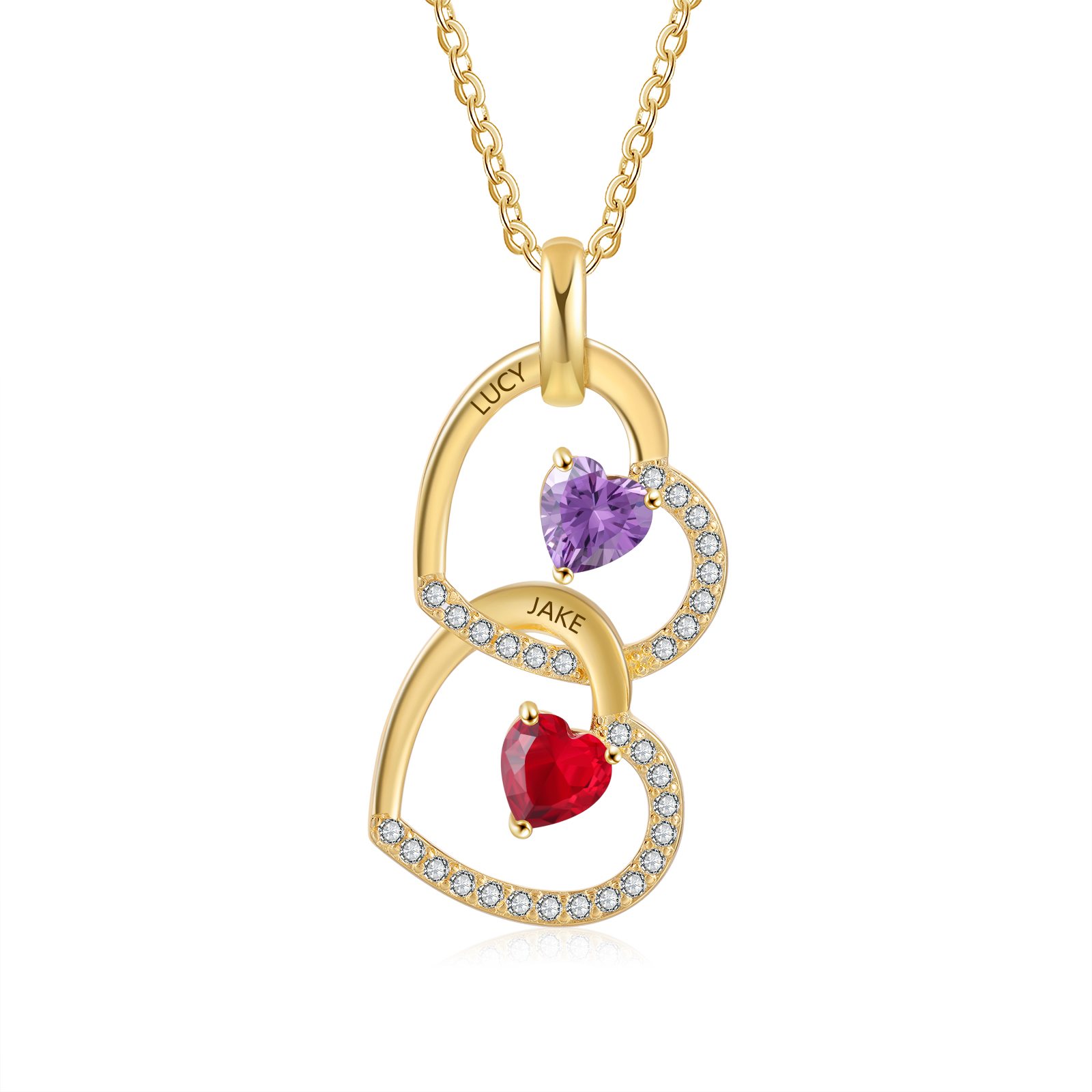 Collier Coeur Pendentif 2 Prénom Personnalisé avec Pierre de naissance｜Jessemade