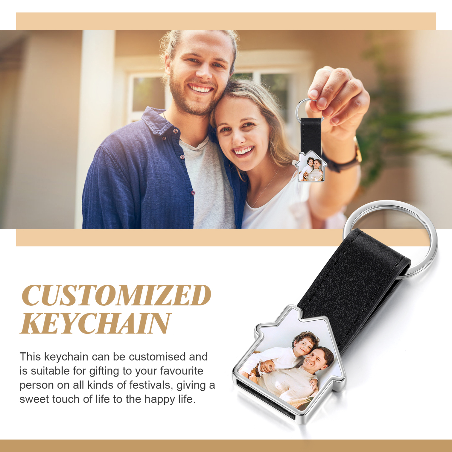 Porte-Clés Cuir PU Maison Photo Personnalisée Porte-Clés Homme