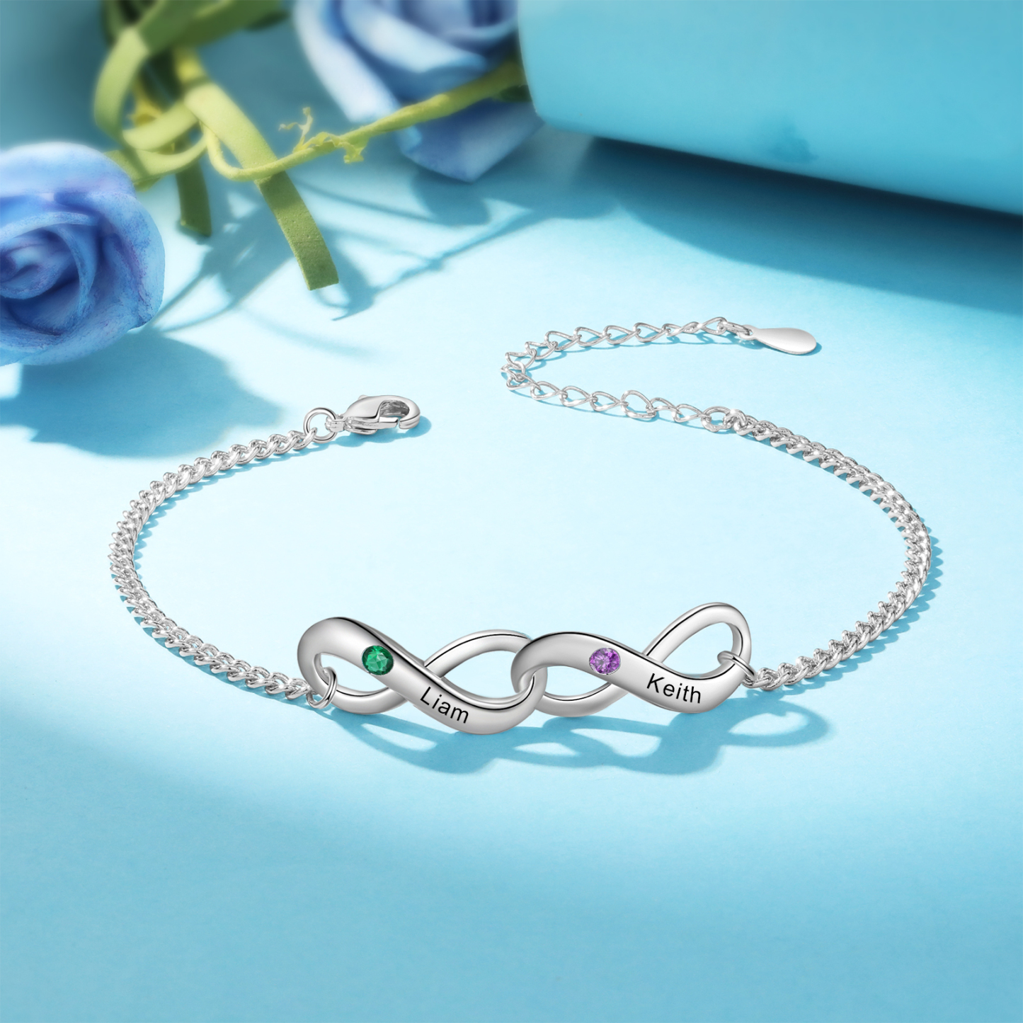 Bracelet Infini 2 Prénoms Personnalisés avec Pierres de Naissance pour Femme