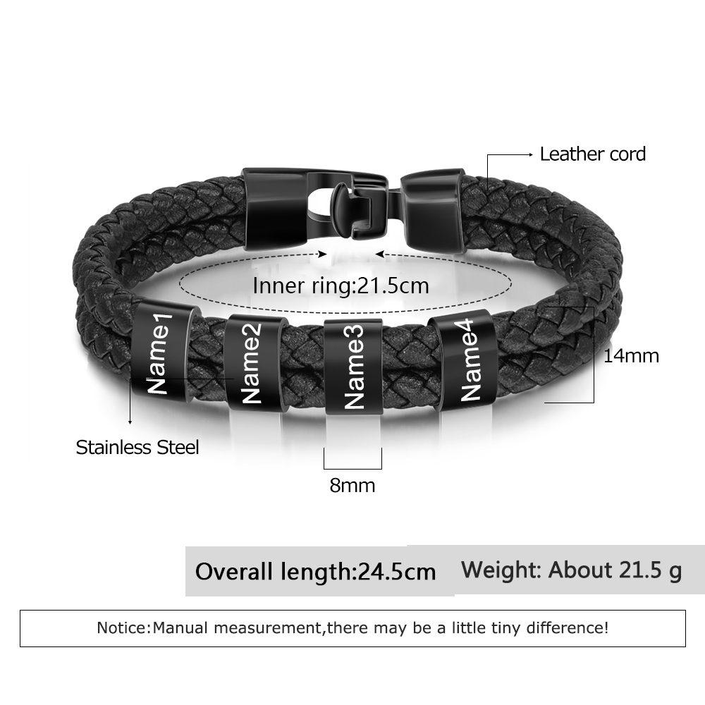 À mon Papa - Bracelet Personnalisé Homme Bracelet Cuir tressé 4 Perles et Prénoms Personnalisés|Jessemade