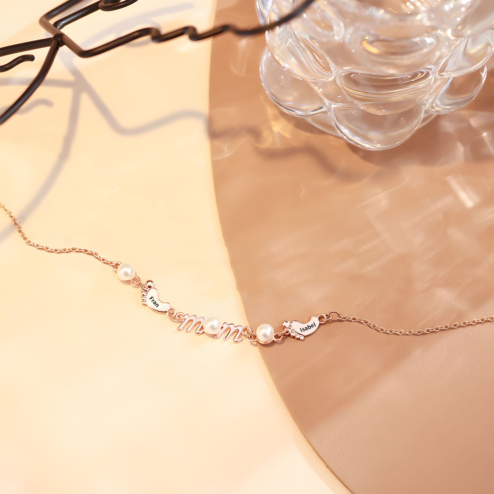 Collier Pieds Bébé et Perles 2 Prénoms Personnalisés Collier pour Maman