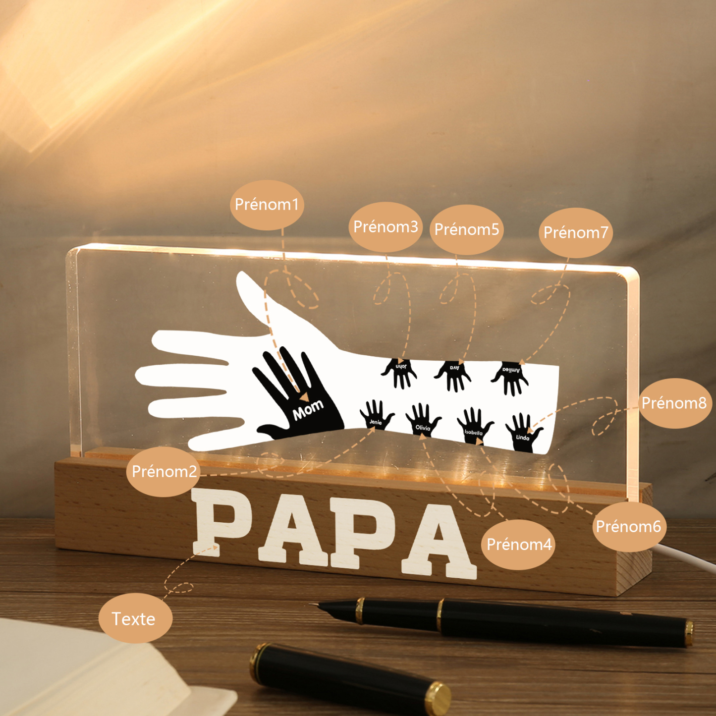 À Papa/Maman- Lampe de chevet LED Mains 8 Prénoms Personnalisés avec Texte pour Famille