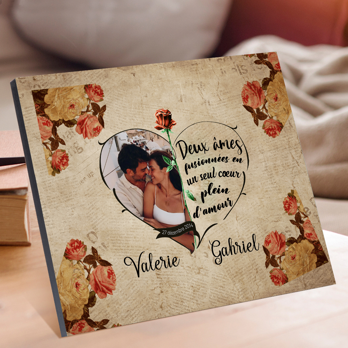 Cadre en Bois 2 Prénoms Personnalisés avec Photo et Date pour Couple Cadeau Saint Valentin