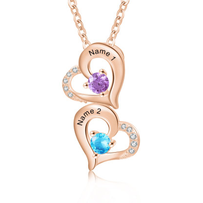 Collier Coeur 2 Prénoms Personnalisés avec Pierre de naissance Or/Or Rose pour Femmes｜Jessemade