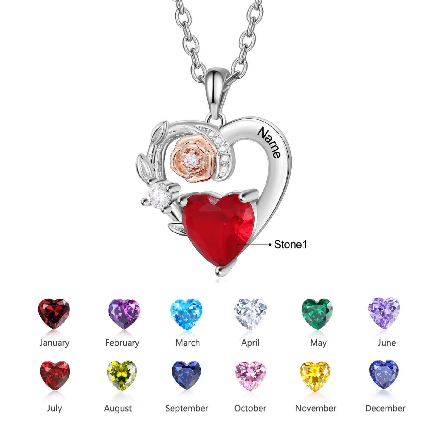 Collier Cœur 1 Prénom Personnalisé avec 1 Pierre de Naissance