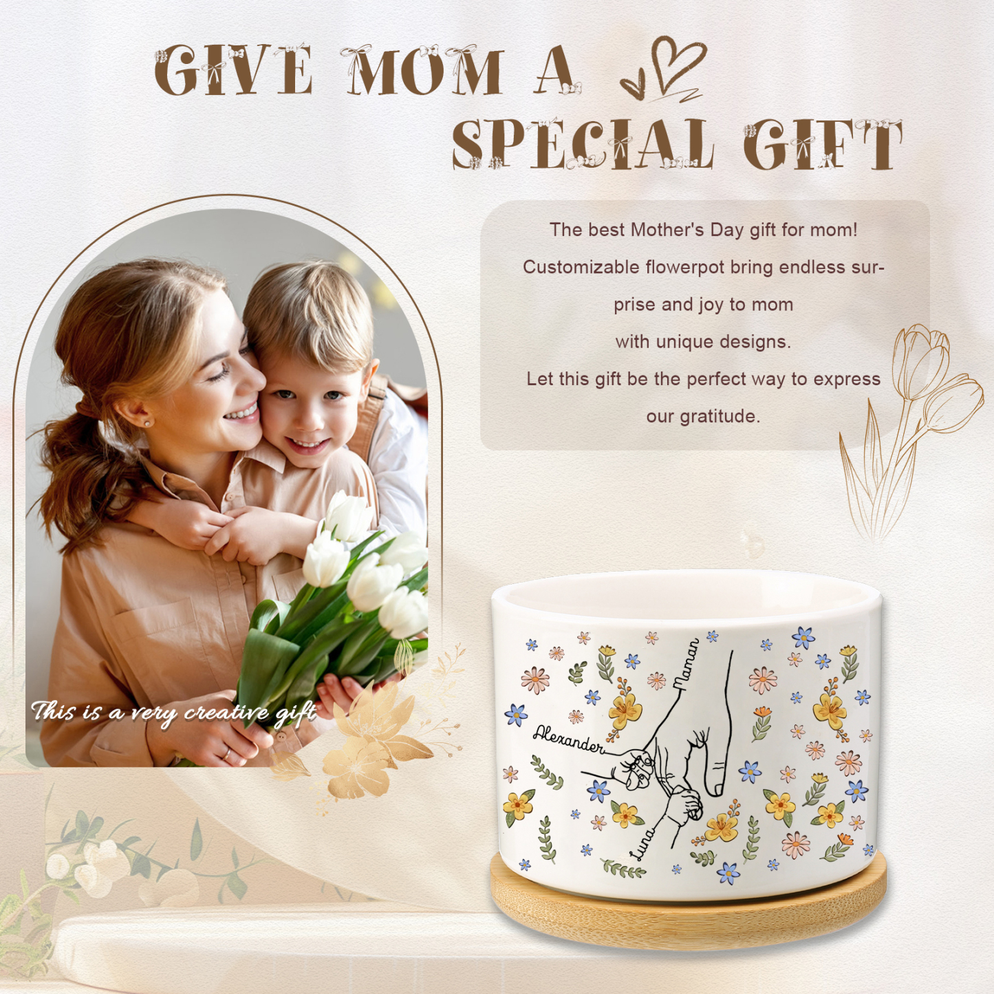 Vase/Pot de Fleurs la main dans la main 3 Prénoms Personnalisés Décoration de la Maison (sans plantes)