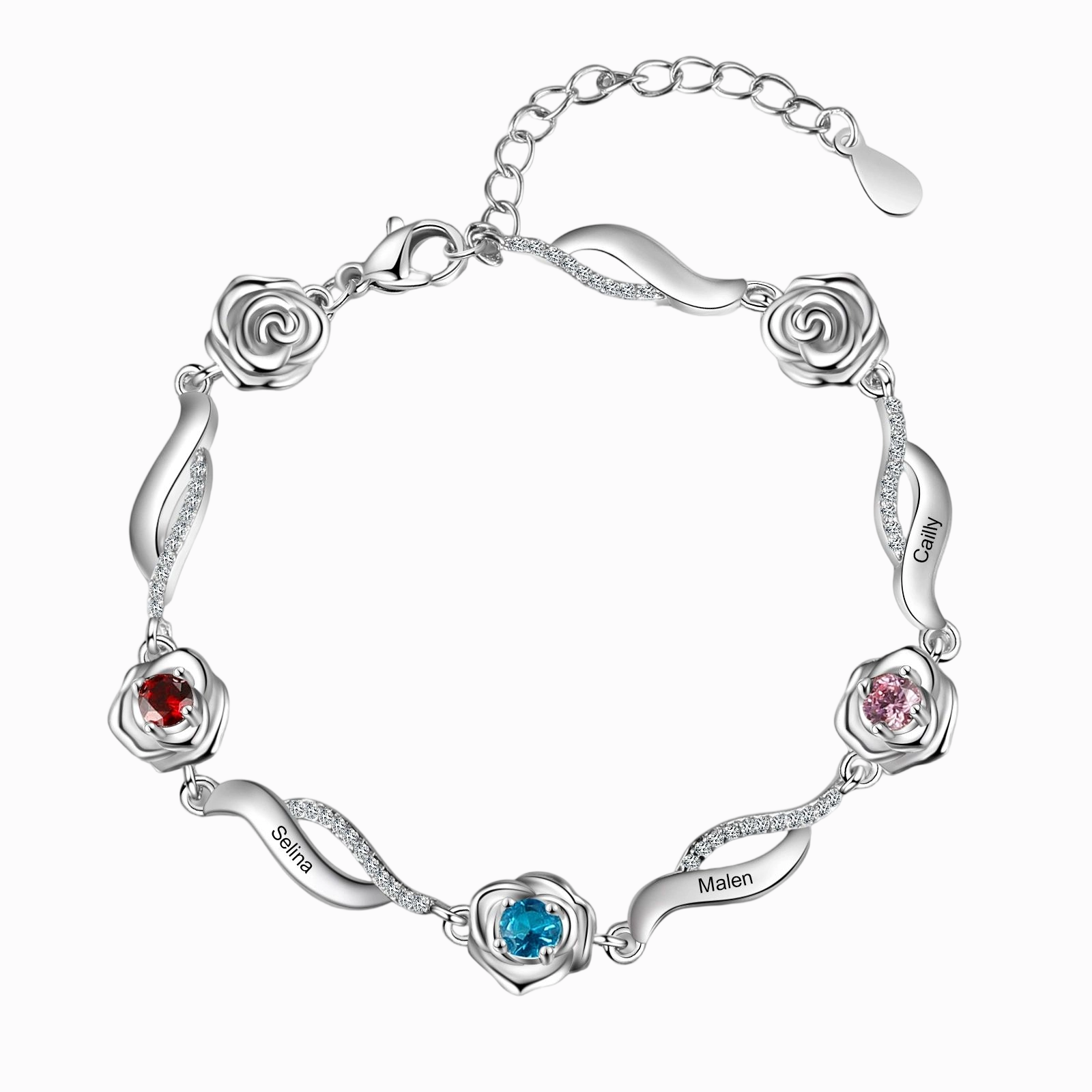 Bracelet Roses 1-5 Prénom Personnalisé avec 1-5 Pierre de Naissance cadeau pour femme anniversaire | Jessemade