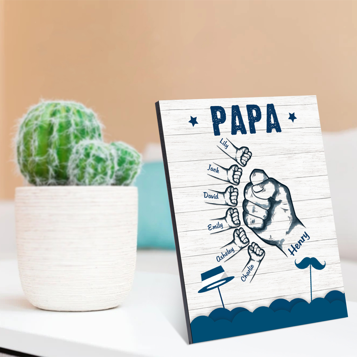 À Mon Papa/Papi-Cadre en Bois Poings 7 Prénoms Personnalisés avec Texte