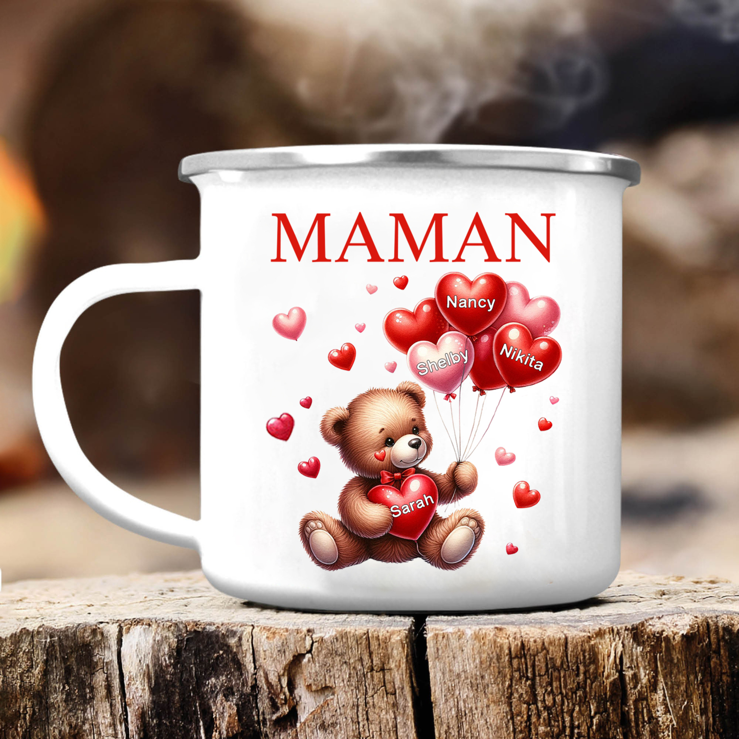 À Maman/Mamie - Tasse émaillée Ours 4 Prénoms Personnalisés