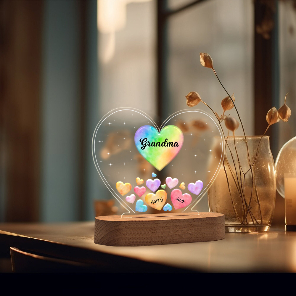 À Maman/Mamie - Lampe de chevet LED Cœurs 2 Prénoms Personnalisés avec 1 Texte