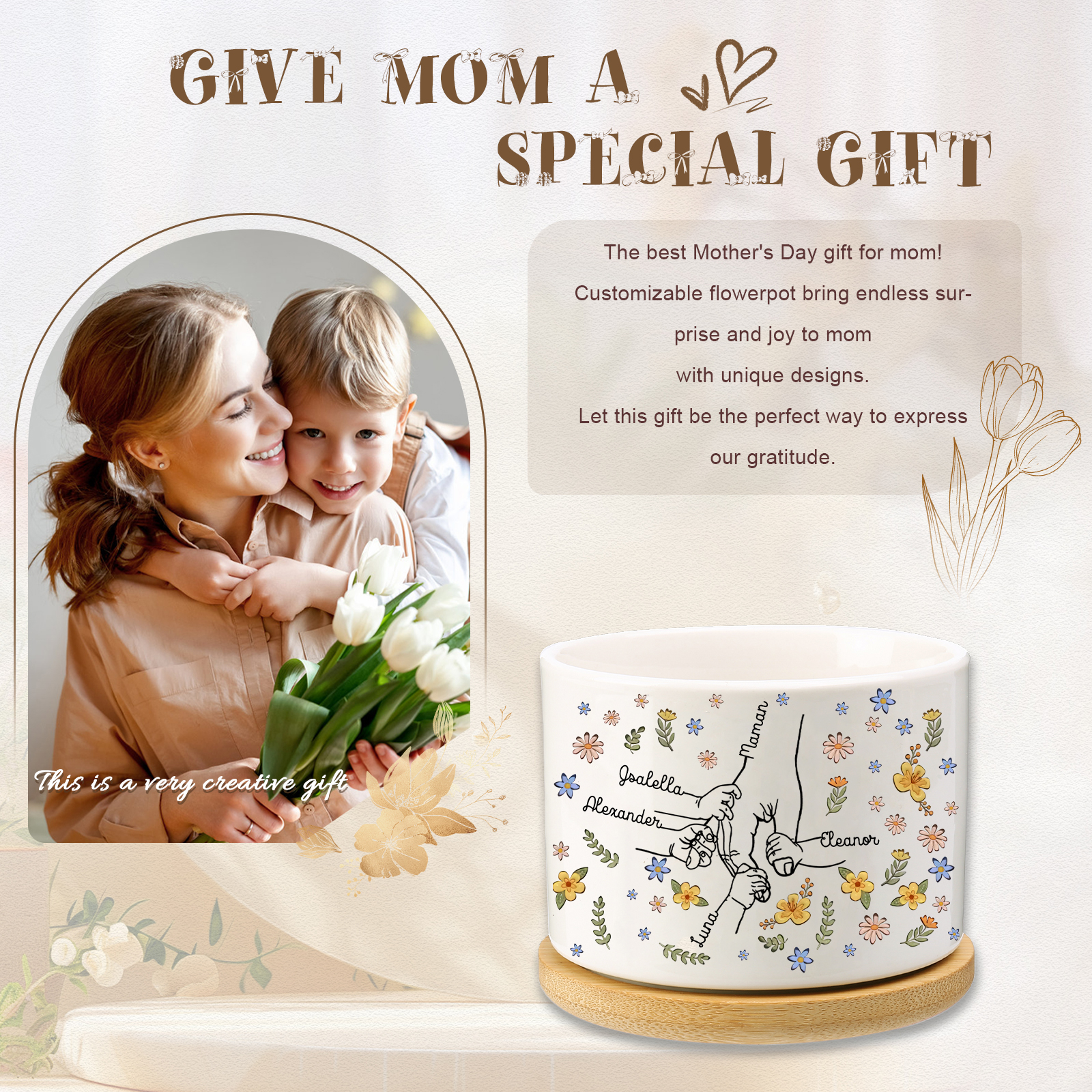 Vase/Pot de Fleurs la main dans la main 5 Prénoms Personnalisés Décoration de la Maison (sans plantes)