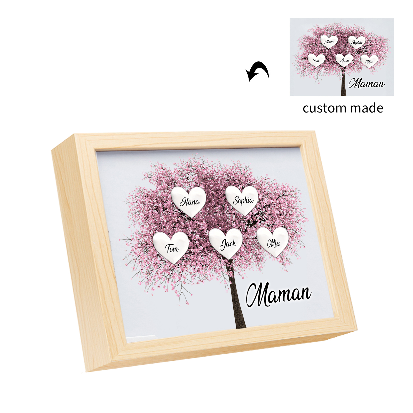 Cadre Photo LED Arbre de Vie 5 Prénoms et 1 Texte Personnalisé Décoration Famille